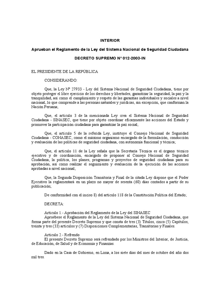 Decreto Supremo N°012-2003 | PDF | Ministerio (Departamento de Gobierno ...