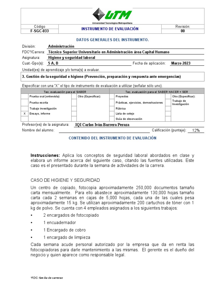 Informe de Higiene y Seguridad Laboral | PDF | Evaluación | Quemar