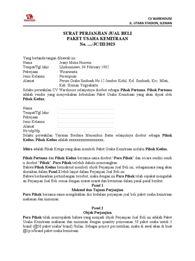 Perjanjian Jual Beli Paket Usaha Kemitraan | PDF