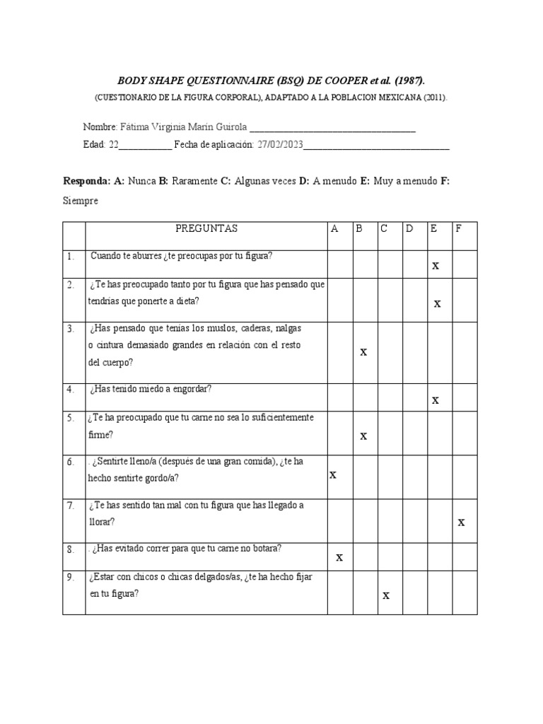 Cuestionario de Figura Corporal BSQ | PDF | Relaciones personales ...