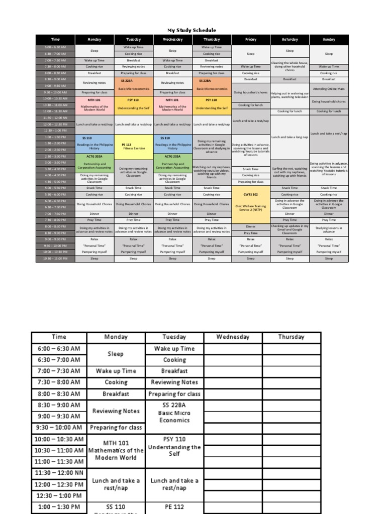 Weekly Study Schedule for Students | PDF | Food And Drink