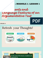 Q2 M2 Lesson1 Key Elements and Language Features of An Argumentative Text PDF