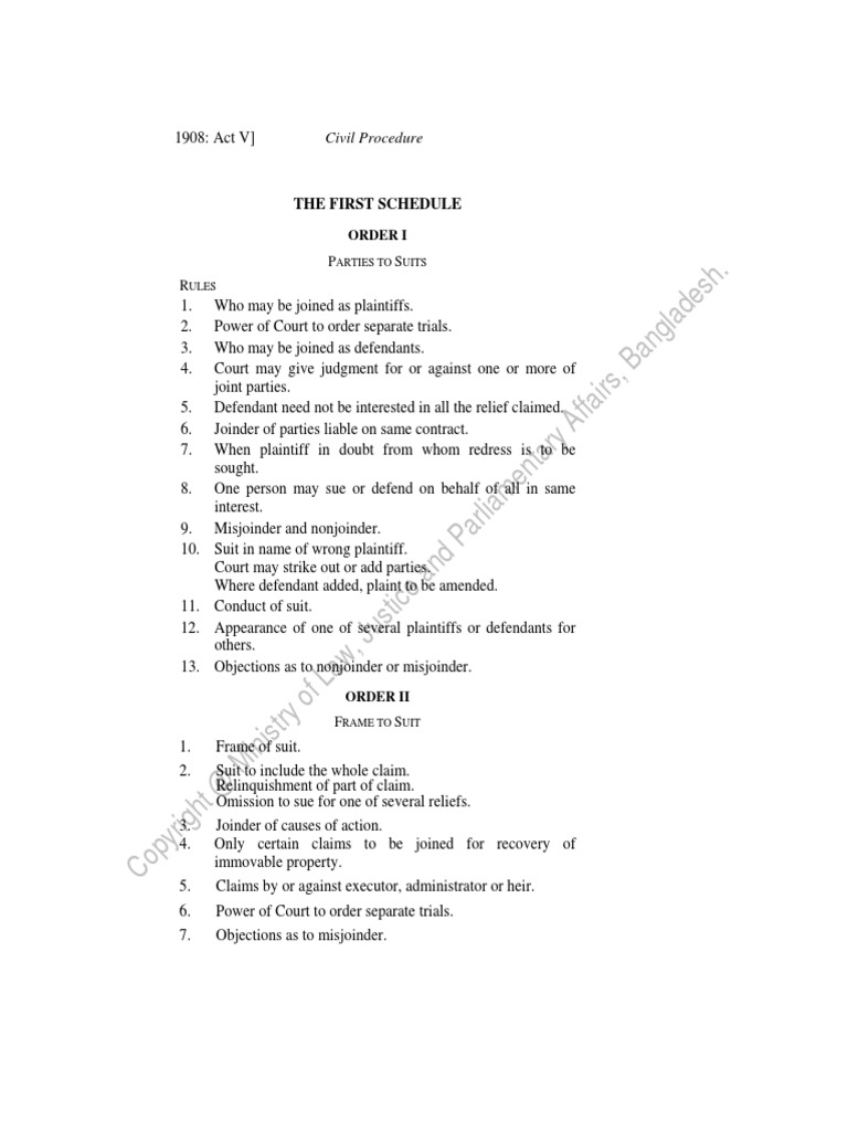 First Schedule of CPC: Parties and Procedures | PDF | Lawsuit ...