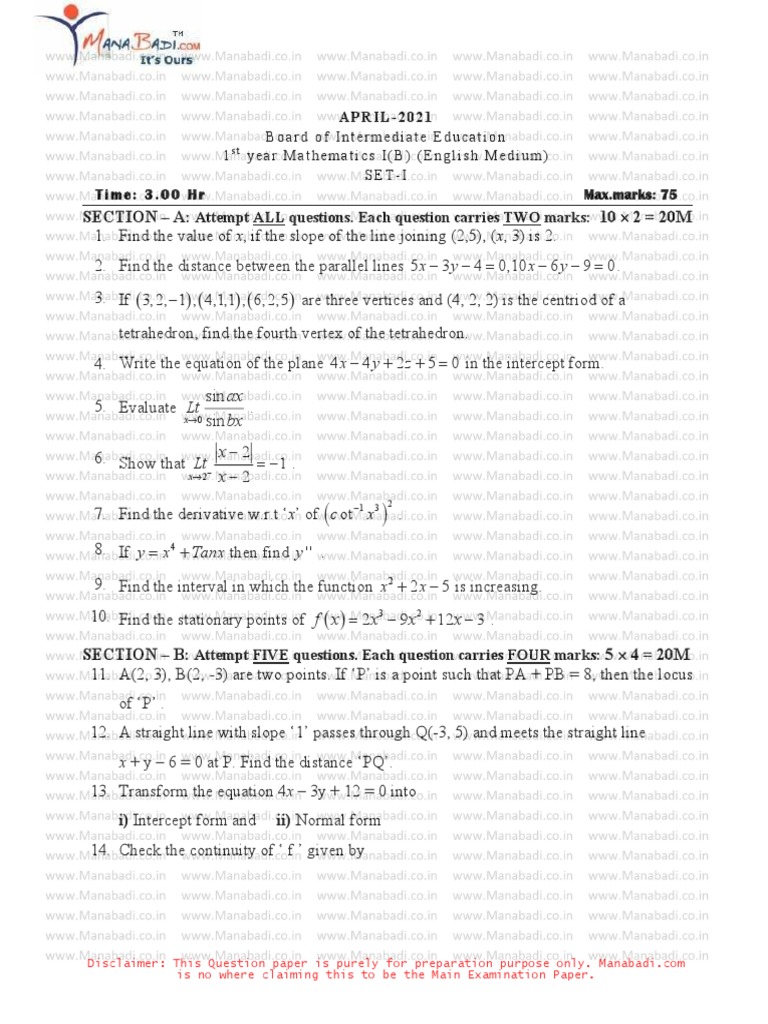 1st Year Maths I(B) Question Paper 2021 | PDF | Mathematics ...