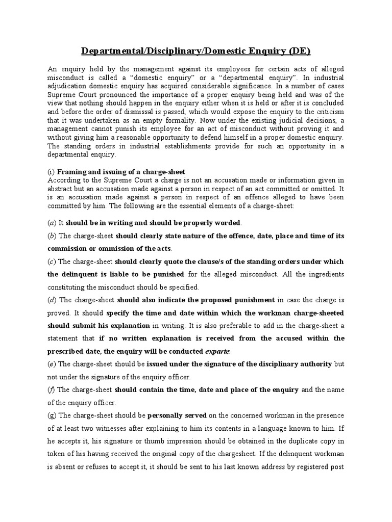 Departmental/Disciplinary/Domestic Enquiry (DE) | PDF | Inquiry | Legal ...