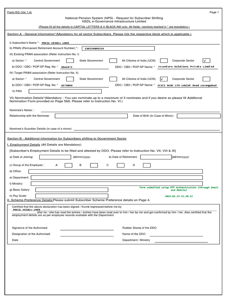 NPS Subscriber Shifting Request Form | PDF | Identity Document ...