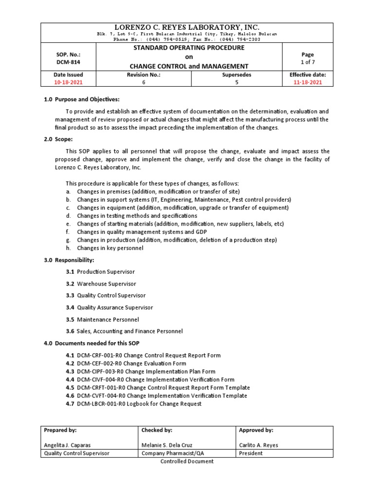 1.1 DCM-814 Change Control 121722 R6 | PDF | Quality Assurance ...