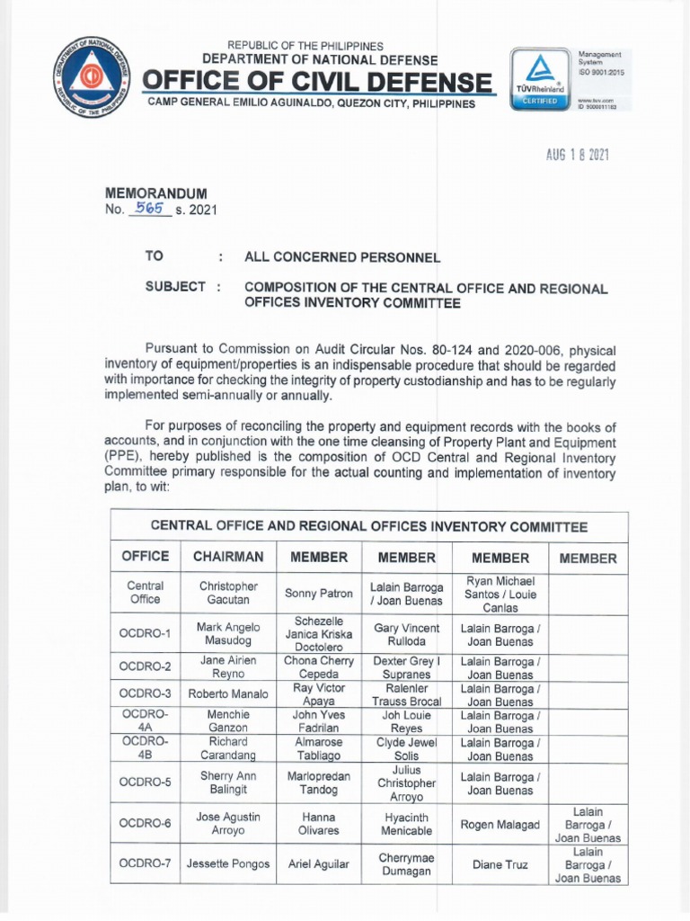 Composition of Central Office Regional Offices Inventory Committee PDF ...