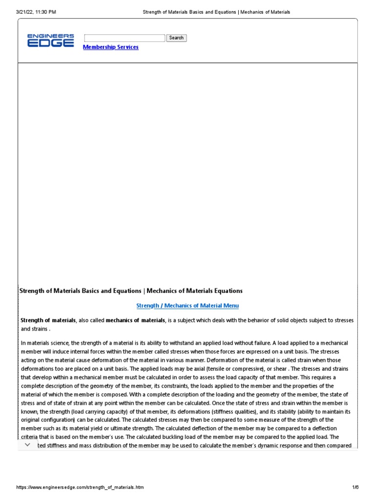 Strength of Materials Basics and Equations Mechanics of Materials PDF