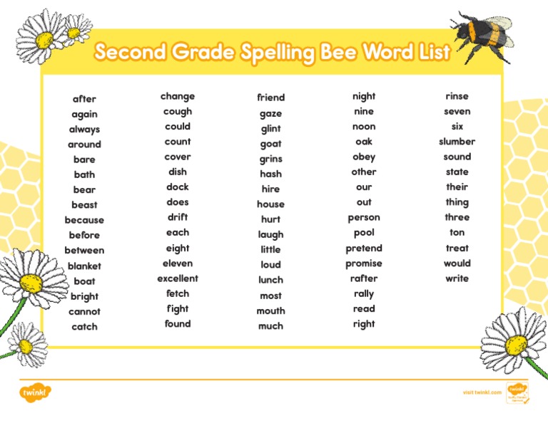 Color Second Grade Spelling Bee Word List PDF