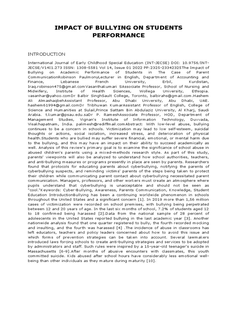 Picture Idea: Bullying S Impact On Student Performance Pdf Bullying