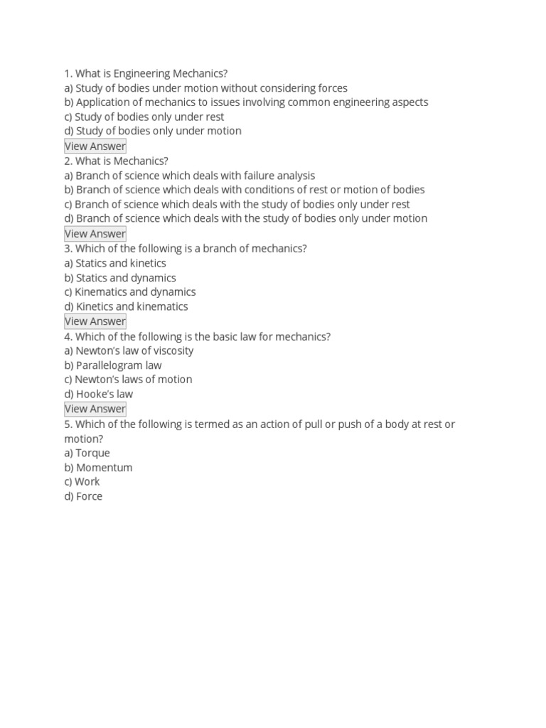 Mechanics MCQ | PDF | Technology & Engineering