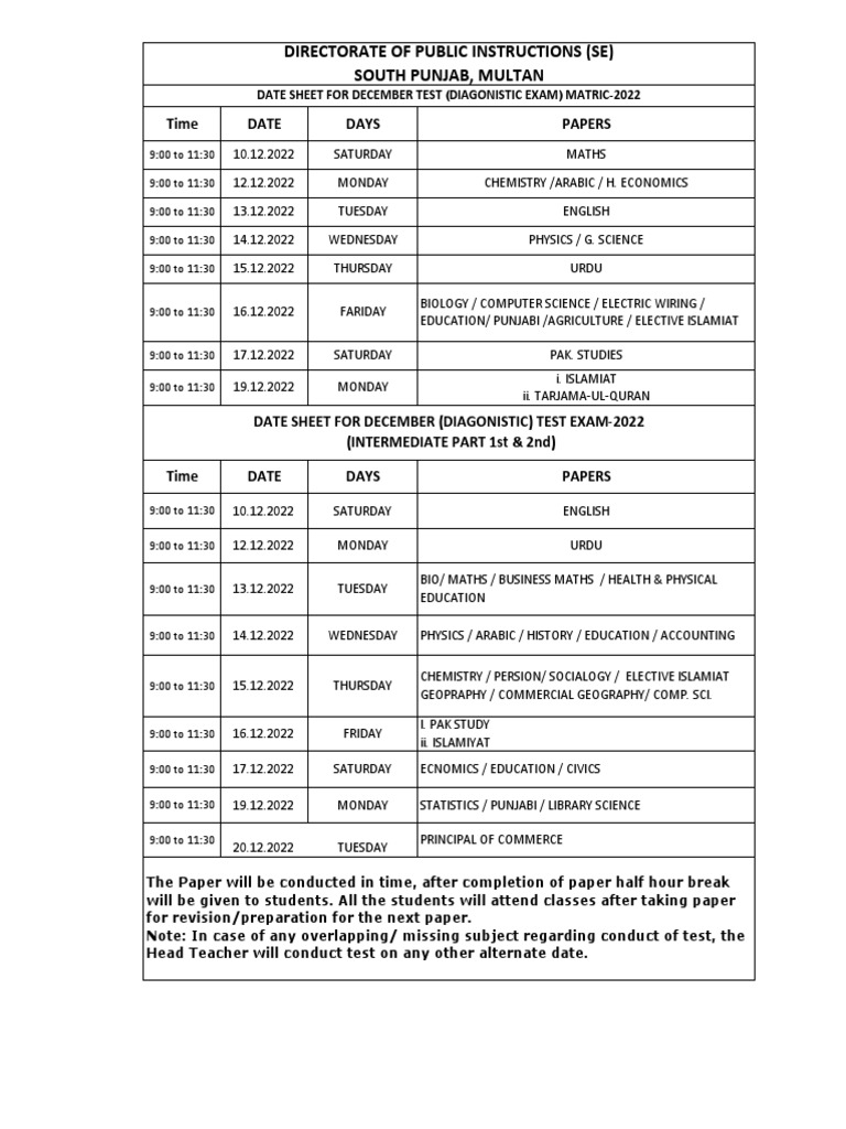 December 2022 Exam Date Sheet | PDF | Science