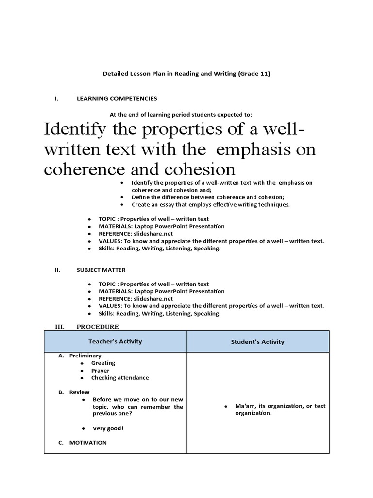 Grade 11 Reading and Writing Lesson Plan | PDF | Lesson Plan | Word