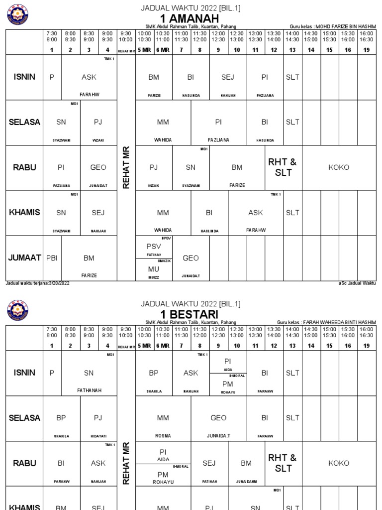 SMK Abdul Rahman Talib Timetable | PDF