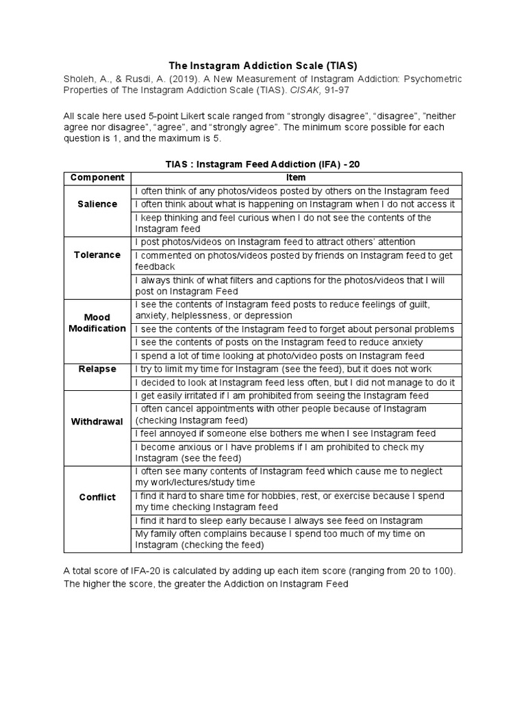Instagram Addiction Scale (TIAS) Overview | PDF | Anxiety | Major ...