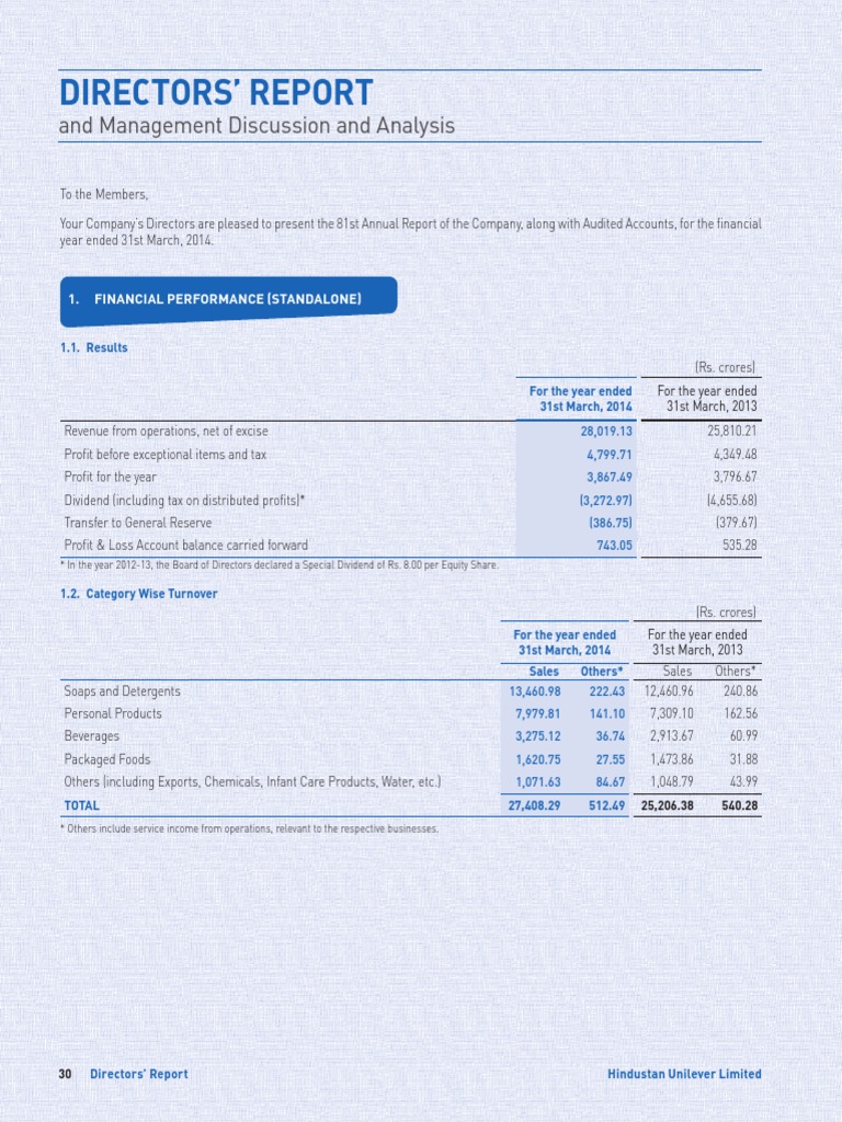 HUL Directors Report Ar 2013 14 | PDF | Dividend | Brand