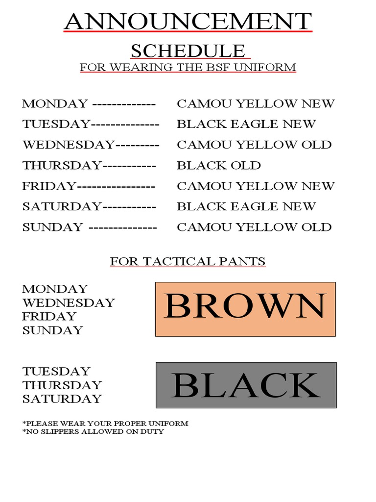 BSF Uniform Wearing Schedule | PDF