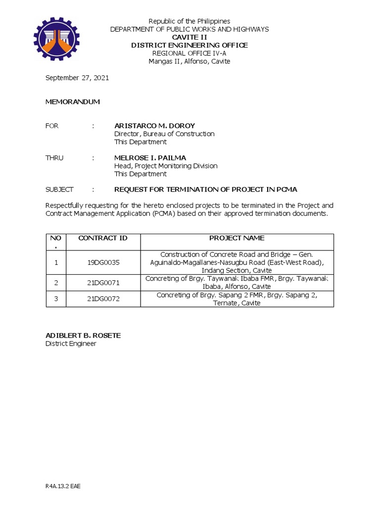 Termination Request for DPWH Projects | PDF