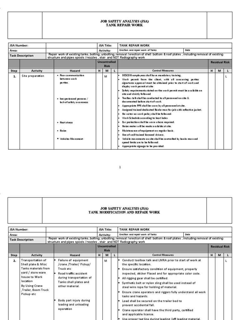 JSA for Tank Repair Work Safety | PDF | Nondestructive Testing ...