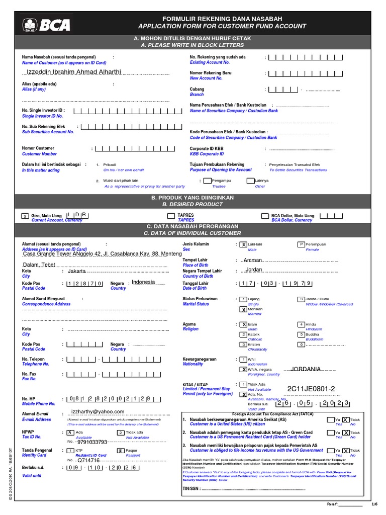 Application Account Opening For RDN BCA Filled | PDF | Social Security ...