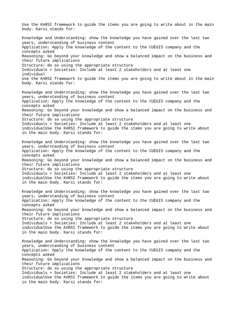 Karsi Framework For Ib Business Management Cuegis Question PDF