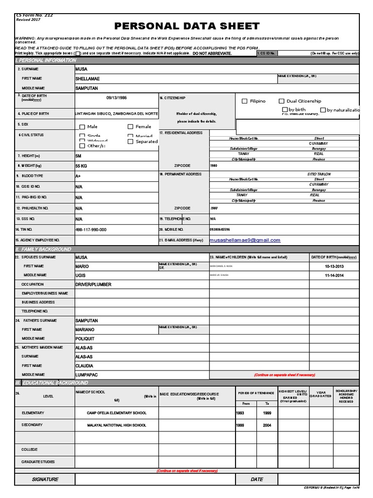 Personal Data Sheet (CS Form 212) | PDF | Government | Justice