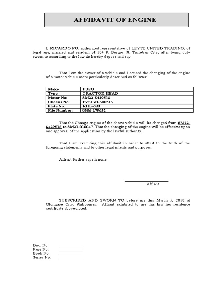 AFFIDAVIT OF CHANGE ENGINE PDF