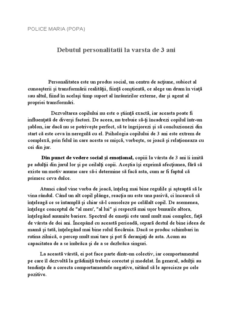 Debutul Personalitatii La Varsta de 3 Ani | PDF