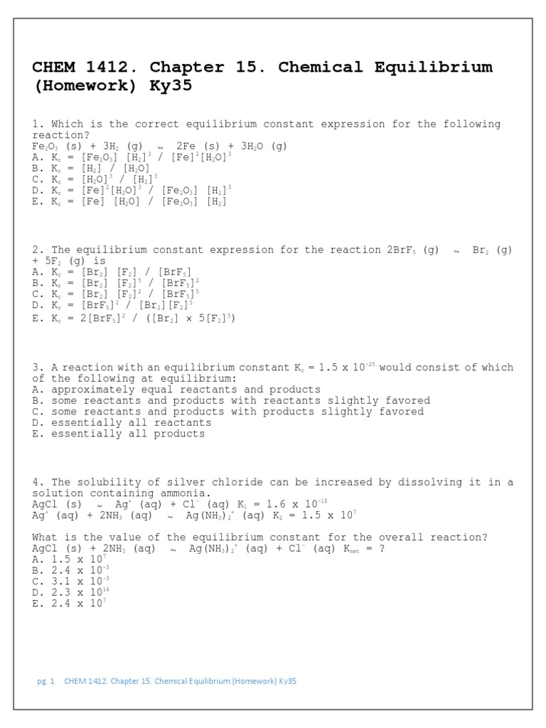 CHEM 1412. Chapter 15. Chemical Equilibrium - Homework - Ky35 PDF | PDF ...