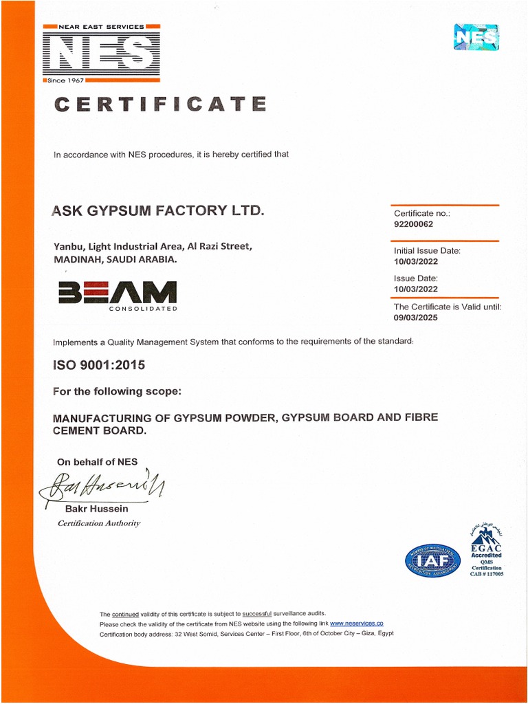 ASK GYPSUM FACTORY ISO9001 NES Certificate PDF