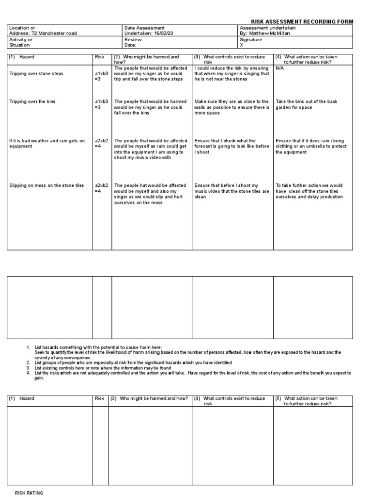 Risk Assessment for Music Video Shoot | PDF