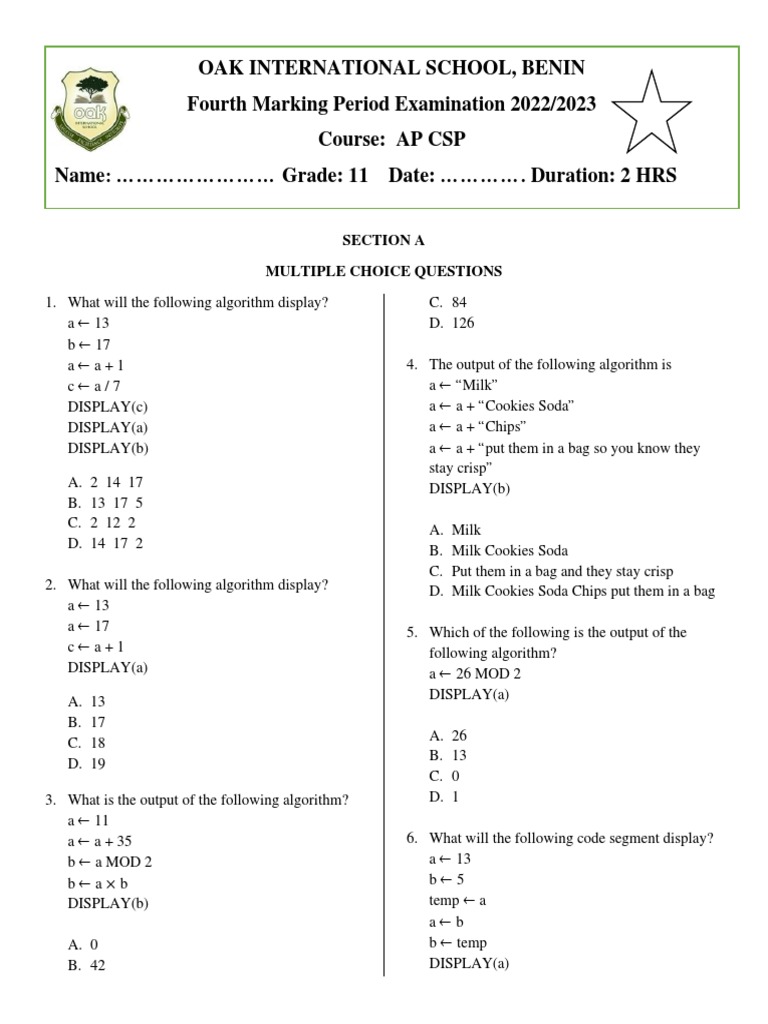 Grade 11 ap csp 4th mp exam pdf control flow programming