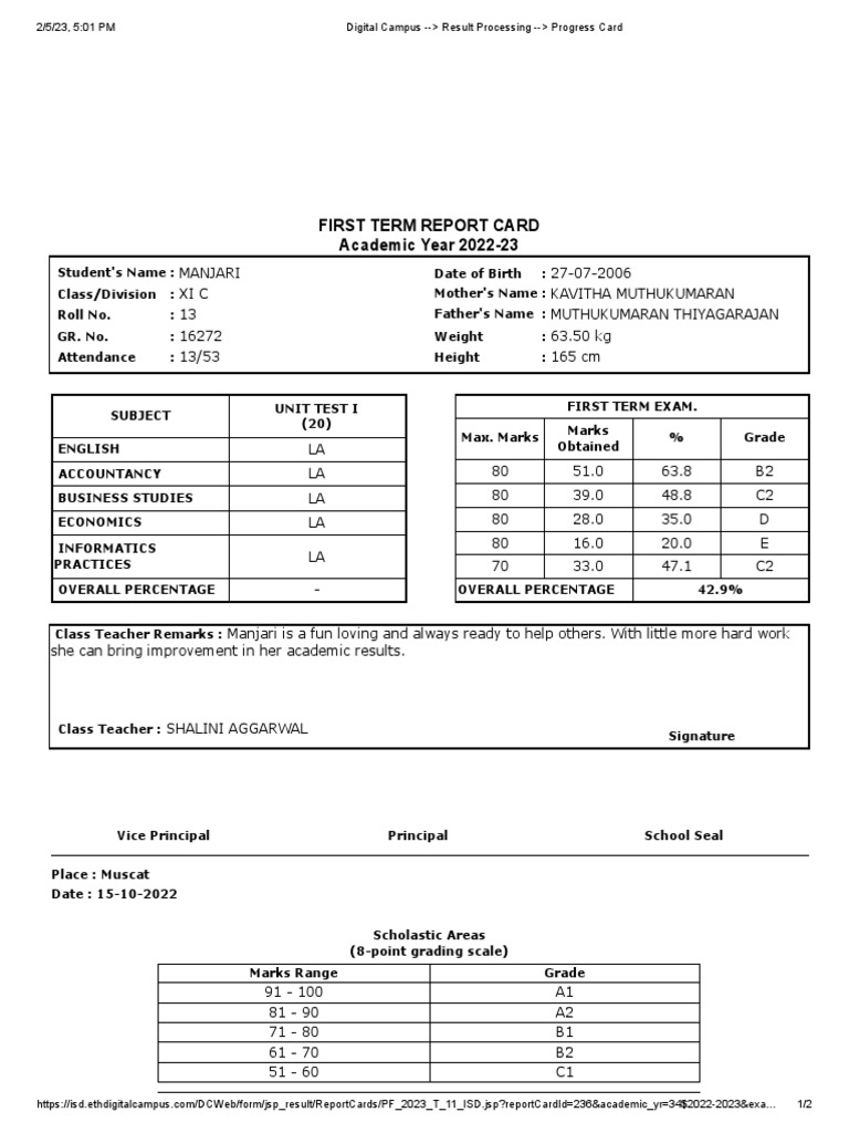 First Term Report Card: Manjari XI C | PDF | Student Assessment And ...