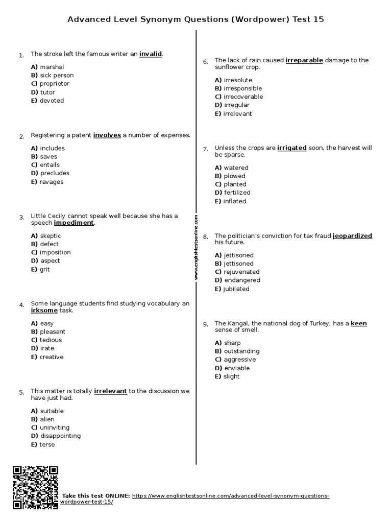 1728 Advanced Level Synonym Questions Wordpower Test 15 PDF