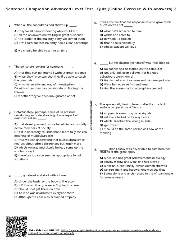 370 - Sentence Completion Advanced Level Test Quiz Online Exercise With ...
