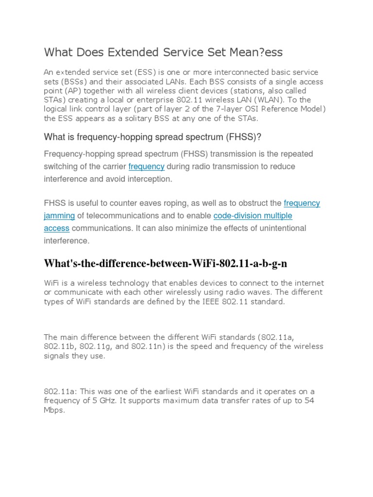What Does Extended Service Set Mean | PDF | Ieee 802.11 | Wireless Lan