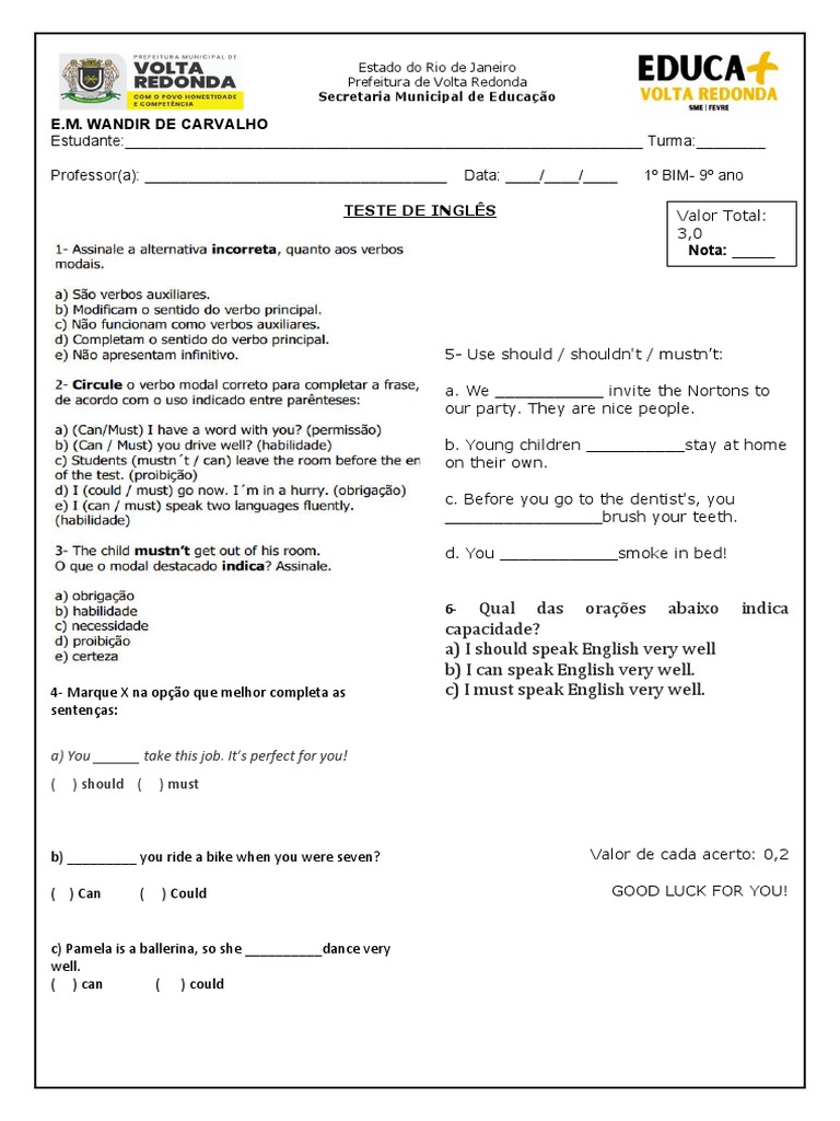 Teste 9º Ano Inglês | PDF