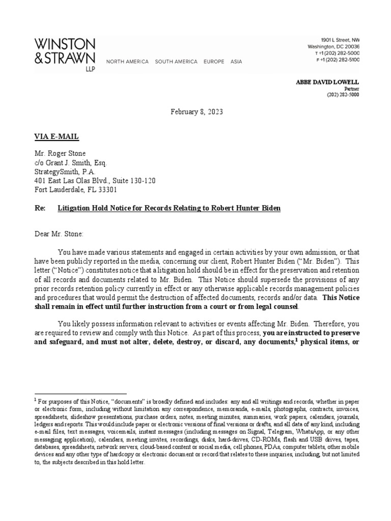 2023.02.08 Letter To R. Stone Re Litigation Hold Notice | PDF | Usb ...