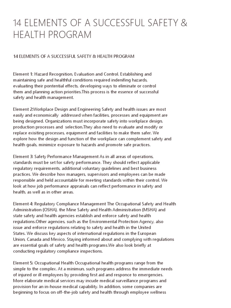 14 Elements of A Successful Safety & Health Program | PDF ...