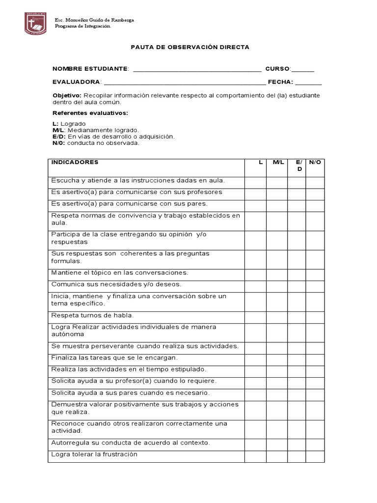 Pauta de Observación Directa Estudiantil | PDF | Comportamiento | Cognición