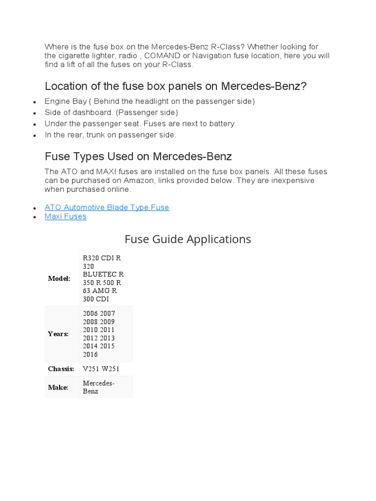 Mercedes R-Class Fuse Box Locations | PDF | Fuse (Electrical) | Vehicles