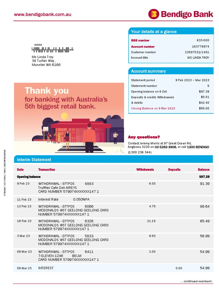 Bendigo Bank Statement PDF