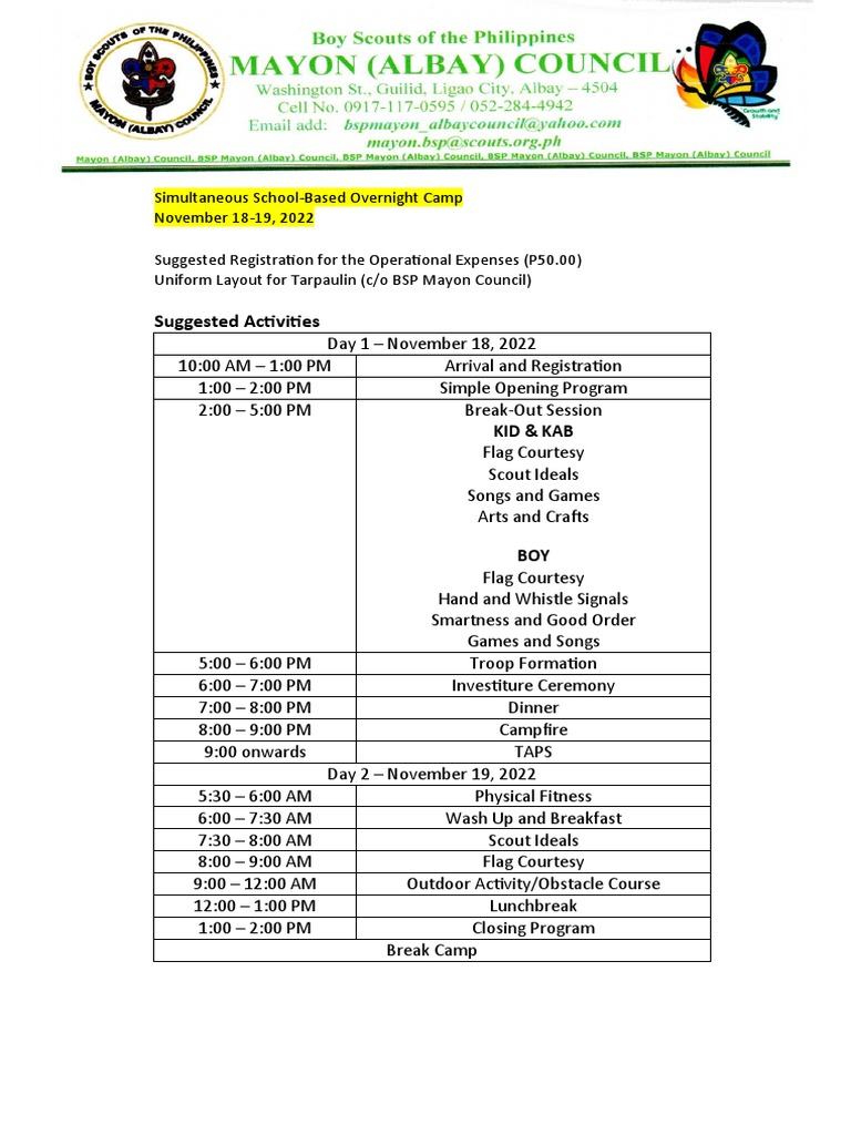 SimultaneouS Overnight Camp Program of Activities 1 | PDF