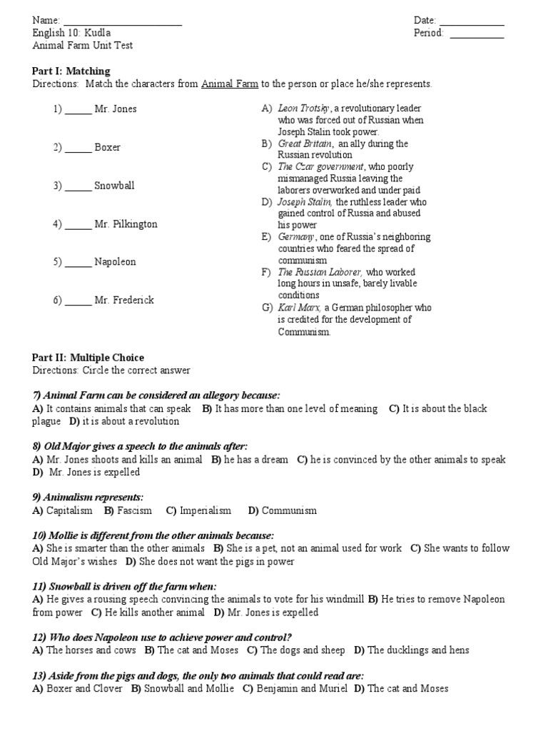 Animal Farm Unit Test Overview | PDF