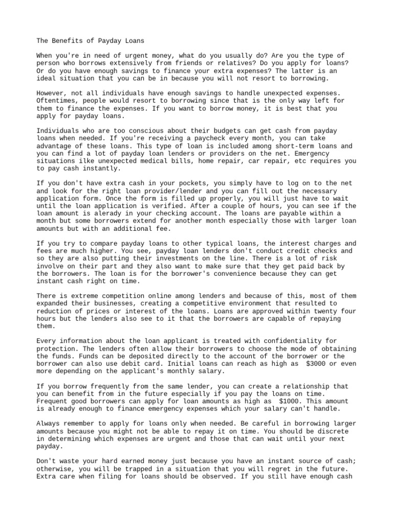 The Benefits of Payday Loans PDF Loans Payday Loan