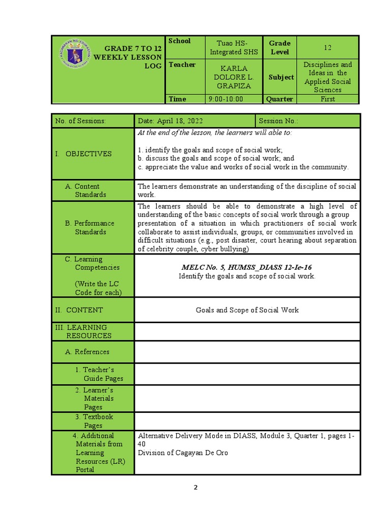 Cot 1 diass 2021 2022 pdf social work learning