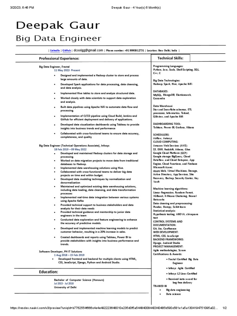 Deepak Gaur: Big Data Engineer Profile | PDF | Apache Spark | Cloud ...