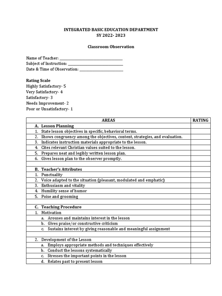 Classroom Observation Evaluation Form | PDF | Teachers | Lesson Plan