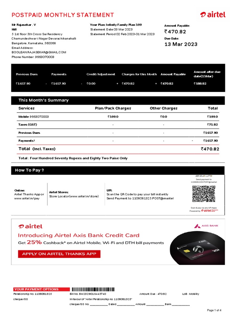 Airtel Postpaid Monthly Statement Summary | PDF | Payments | Cheque